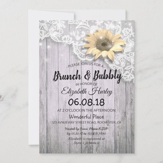 Brunch & Bubbly Bridal Shower Lace Sunflower Wood Invitation (Front)