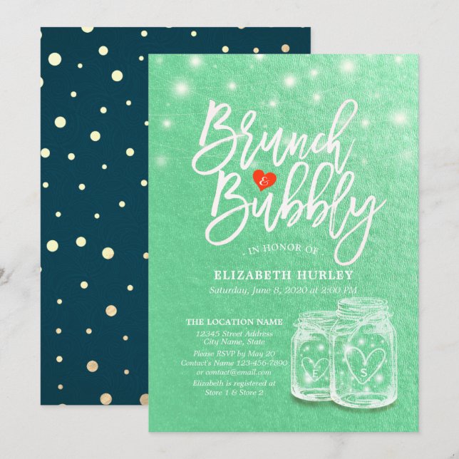 Brunch & Bubbly Bridal Shower Mason Jar Green Gold Invitation (Front/Back)