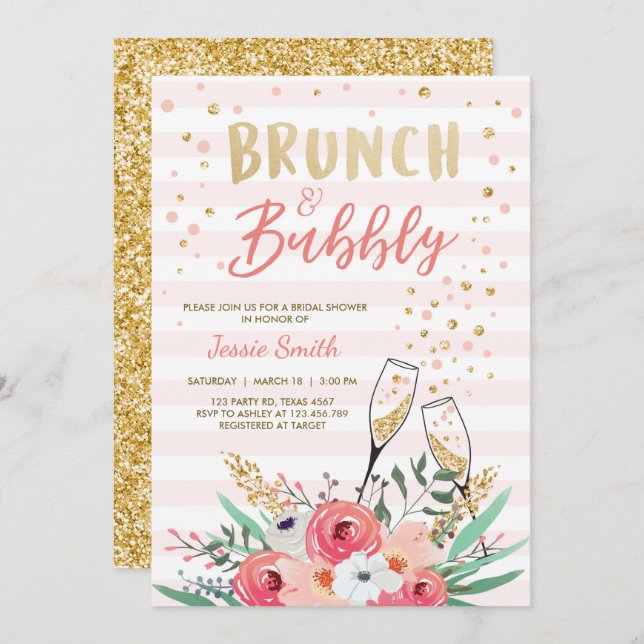 Brunch & Bubbly Bridal Shower Pink Gold Champagne Invitation (Front/Back)