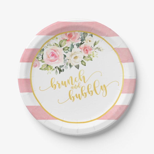 Brunch & Bubbly Bridal Shower Plate - Pink Stripes (Front)