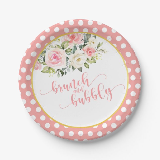Brunch & Bubbly Bridal Shower Plate - Pink Txt Dot (Front)