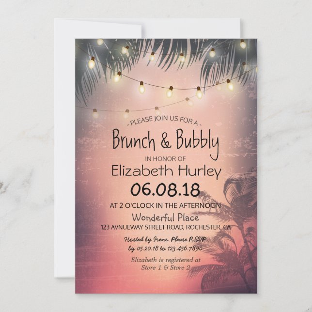 Brunch Bubbly Bridal Shower Summer Palm Tree Light Invitation (Front)