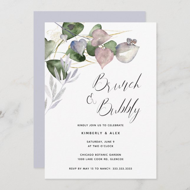 Brunch Bubbly Bridal Shower Watercolor Eucalyptus  Invitation (Front/Back)