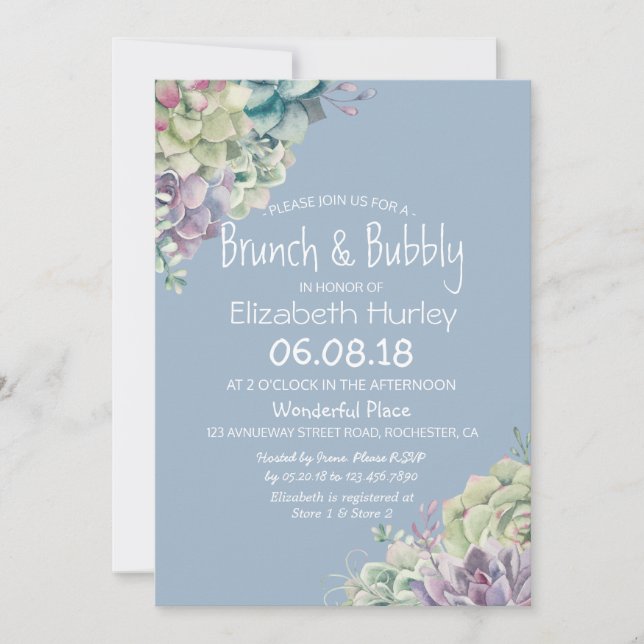 Brunch & Bubbly Bridal Shower Watercolor Succulent Invitation (Front)