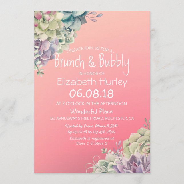 Brunch & Bubbly Bridal Shower Watercolor Succulent Invitation (Front)