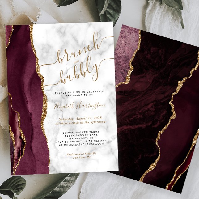 Brunch & Bubbly Burgundy Gold Agate Bridal Shower Invitation (Creator Uploaded)