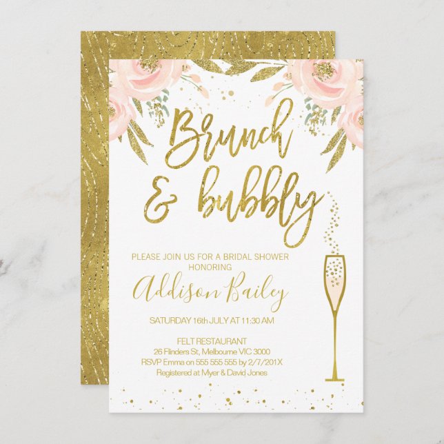 Brunch Bubbly  Champagne Bridal Shower Invitation (Front/Back)