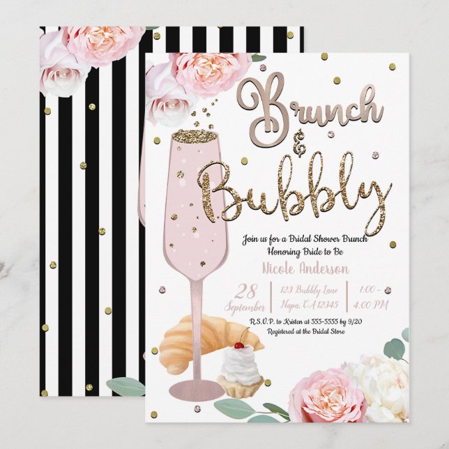 Brunch & Bubbly Champagne Croissant Bridal Shower Invitation (Front/Back)