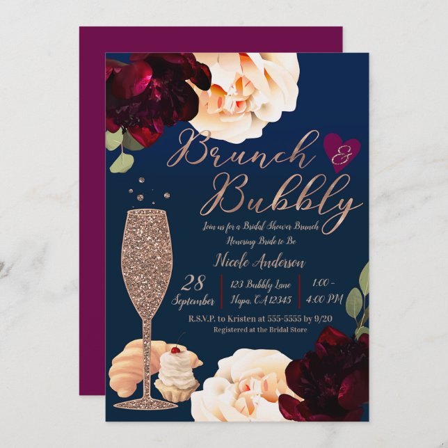Brunch & Bubbly Champagne Dark Blue Bridal Shower Invitation (Front/Back)