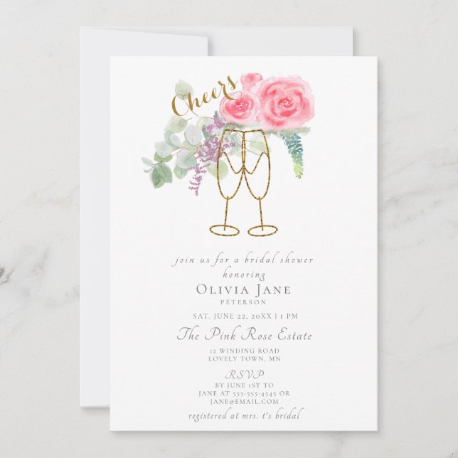 Brunch Bubbly Cheers Pink Gold Roses Bridal Shower Invitation (Front)