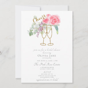 Brunch Bubbly Cheers Pink Gold Roses Bridal Shower Invitation