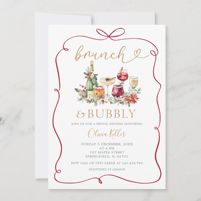 Brunch Bubbly Christmas Hand Drawn Bridal Shower Invitation (Front)