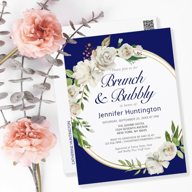 Brunch & Bubbly Dark Blue Floral Bridal Shower  Postcard (Creator Uploaded)