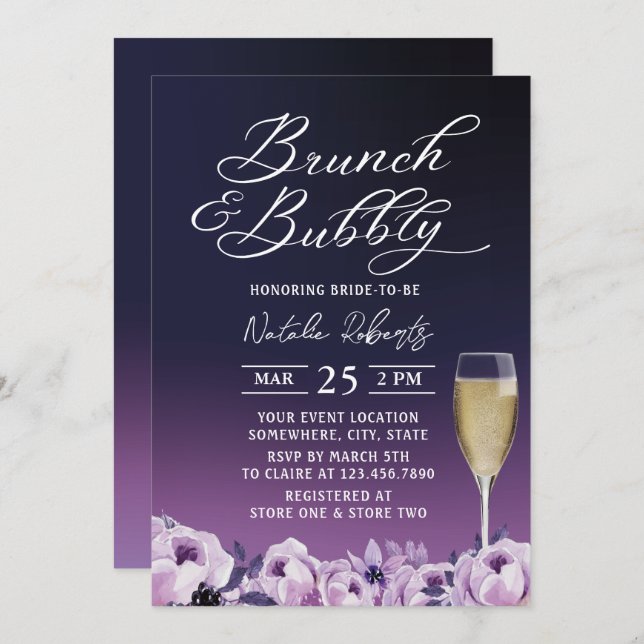 Brunch Bubbly Deep Purple Floral Bridal Shower Invitation (Front/Back)