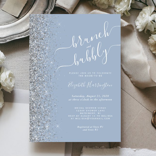 Brunch & Bubbly Dusty Blue Silver Bridal Shower Invitation (Creator Uploaded)