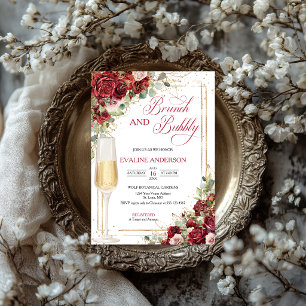 Brunch & Bubbly Elegant Red Rose Bridal Shower   Invitation