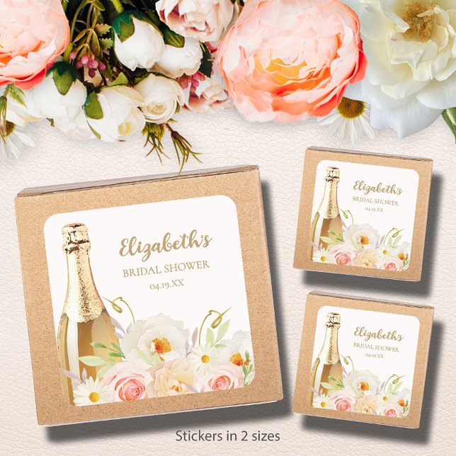 Brunch & Bubbly Floral Bridal Shower Square Sticker (Brunch & Bubbly blush floral bridal shower square stickers - choose 1-1/2" or 3" )