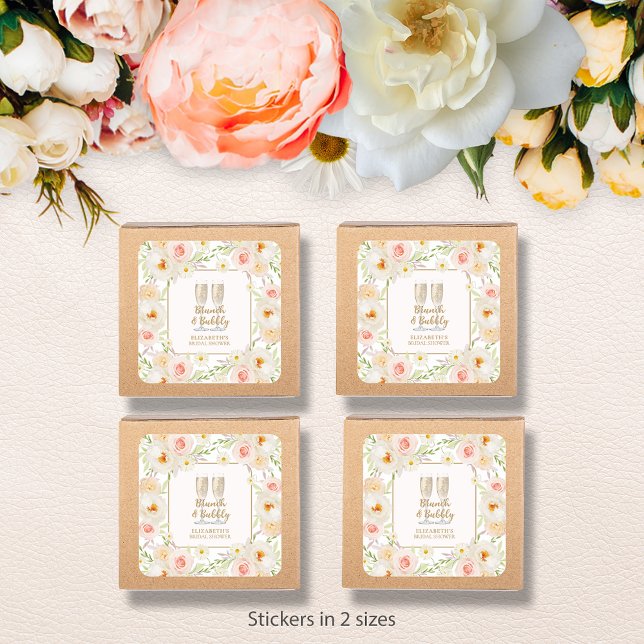 Brunch & Bubbly Garden Floral Bridal Shower Square Sticker (Brunch & Bubbly blush floral bridal shower square stickers -  choose 1-1/2" or 3" )