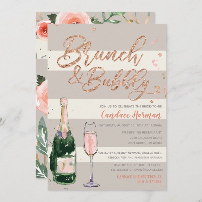 Brunch & Bubbly Glitter Rose Gold Bridal Shower Invitation (Front/Back)