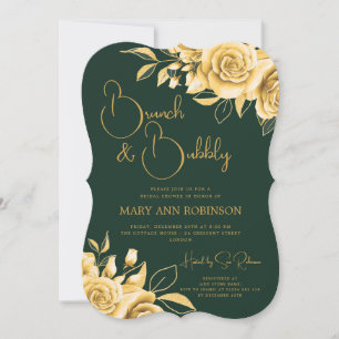 BRUNCH & BUBBLY Gold Floral Bridal Shower Emerald  Invitation