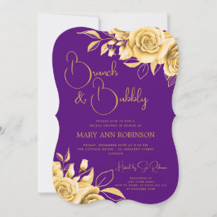 BRUNCH & BUBBLY Gold Floral Bridal Shower Purple Invitation