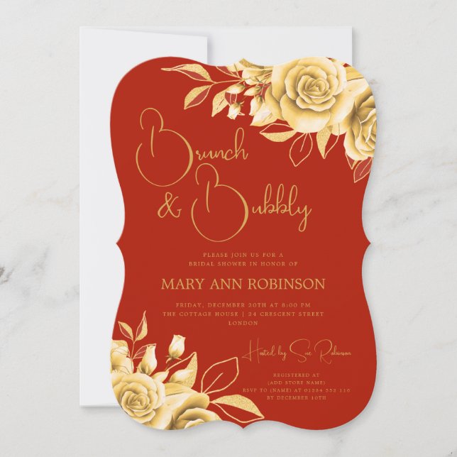 BRUNCH & BUBBLY Gold Floral Bridal Shower Red  Invitation (Front)