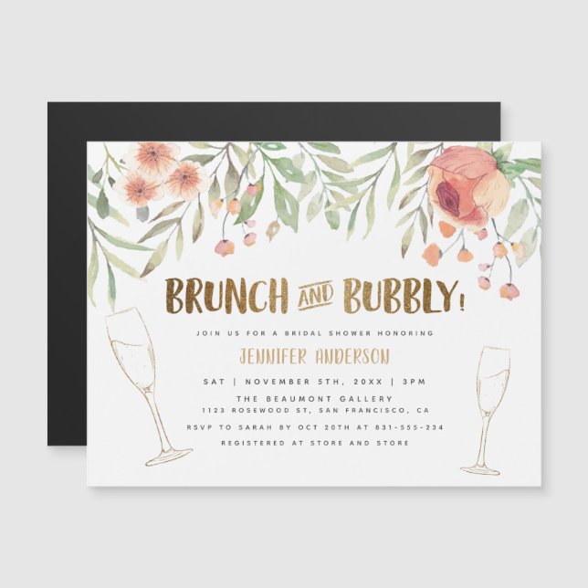 Brunch & Bubbly Gold Glitter Blush Bridal Shower Magnetic Invitation (Front/Back)