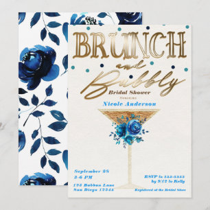 Brunch Bubbly Gold Teal Blue Floral Bridal Shower Invitation