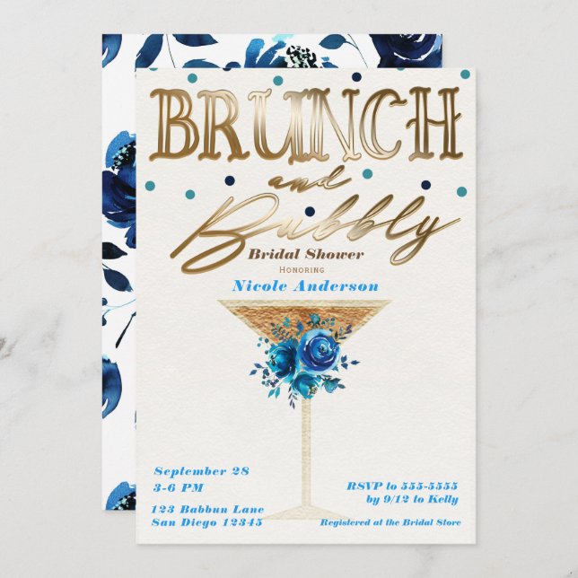 Brunch Bubbly Gold Teal Blue Floral Bridal Shower Invitation (Front/Back)