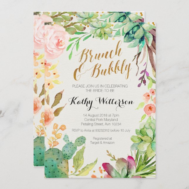 Brunch & Bubbly invitation Succulent cactus (Front/Back)