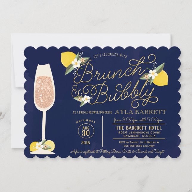 Brunch & Bubbly Lemon Gold Navy Blue Bridal Shower Invitation (Front)