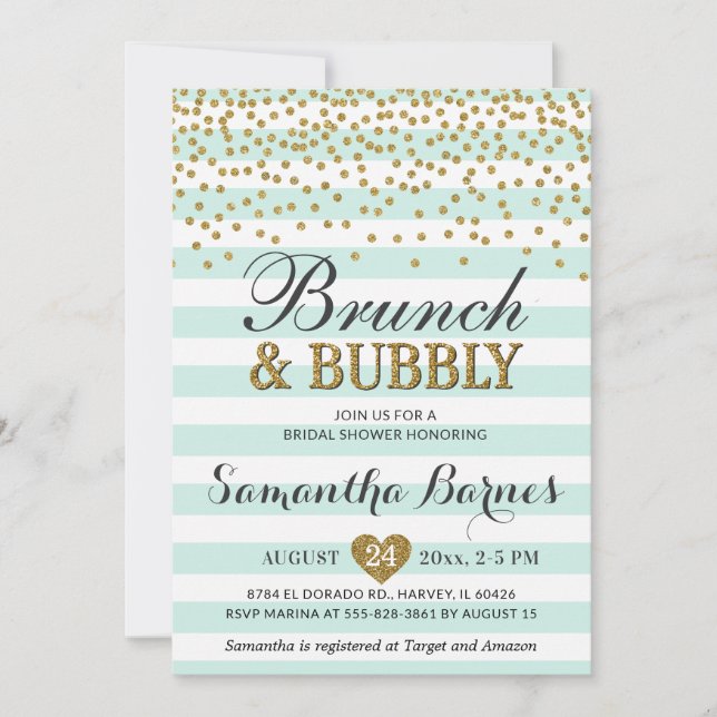 Brunch Bubbly Mint Green Gold Bridal Shower Stripe Invitation (Front)