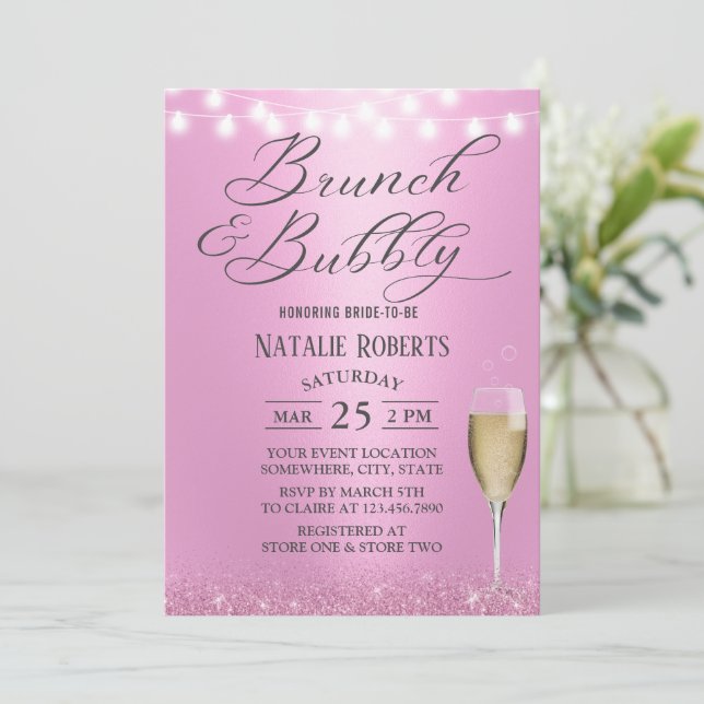 Brunch & Bubbly Modern Pink Bridal Shower Invitation (Standing Front)