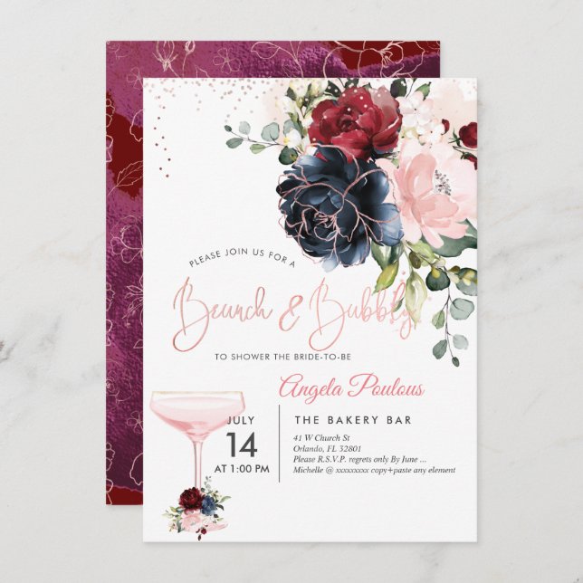 Brunch Bubbly Navy Burgundy Blush H2 flowers Invitation (Front/Back)