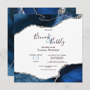 Brunch Bubbly Navy Silver Glitter Agate Shower Invitation