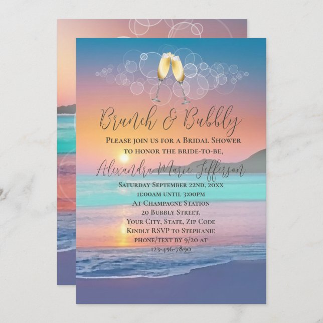 Brunch Bubbly Pastel Sunset Beach Bridal Shower Invitation (Front/Back)