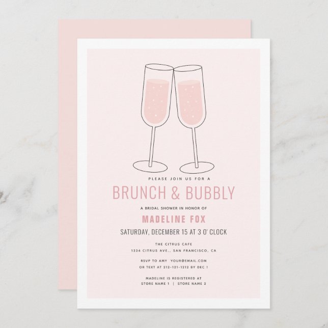Brunch & Bubbly Pink Champagne Bridal Shower Invitation (Front/Back)