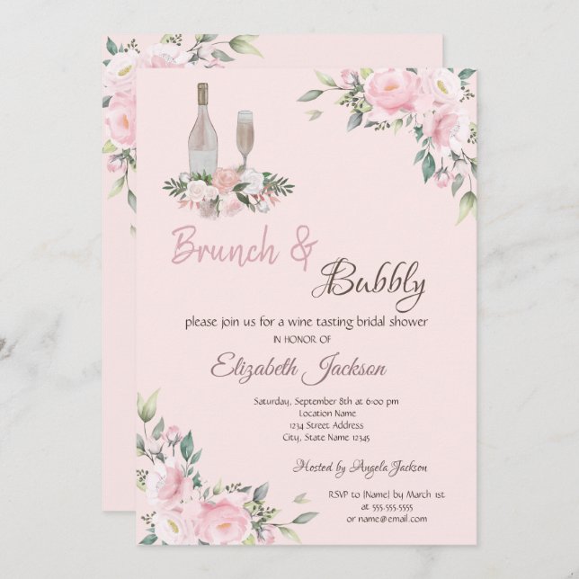  Brunch & Bubbly Pink Flowers Bridal Shower Invitation (Front/Back)
