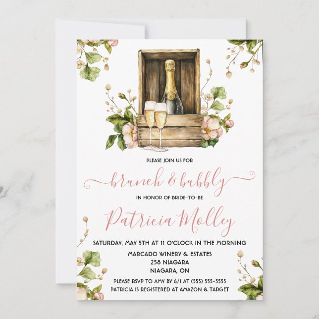 Brunch & Bubbly, Pink & Green Roses, Bridal Shower Invitation (Front)