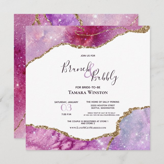 Brunch & Bubbly Pink Purple Gold Agate Shower Invitation (Front/Back)