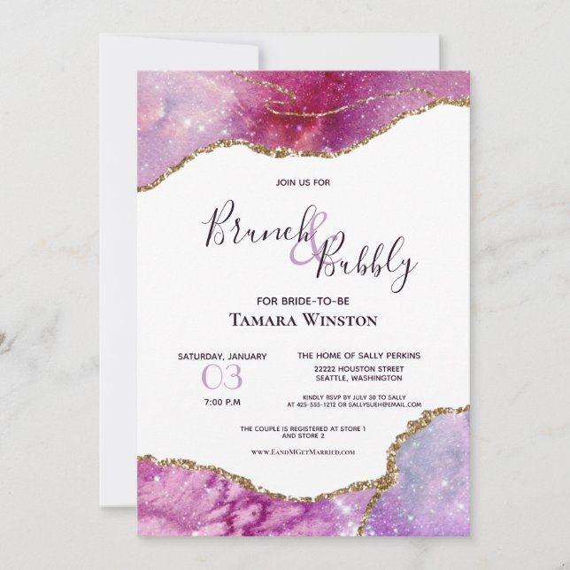 Brunch & Bubbly Pink Purple Gold Agate Shower Invitation (Front)