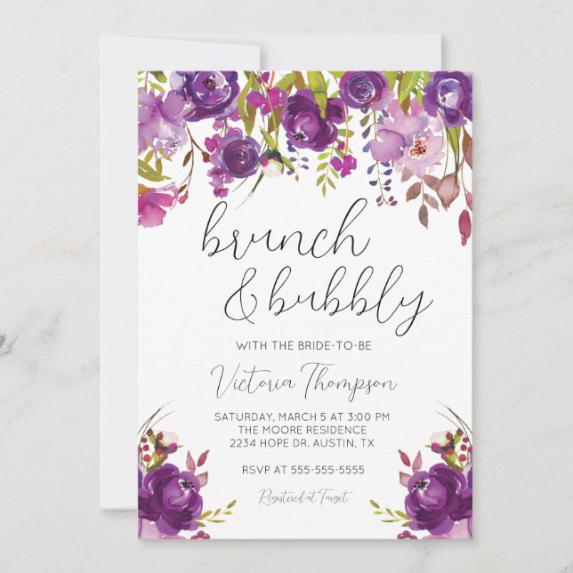 Brunch & Bubbly Purple Floral Shower Invitation (Front)