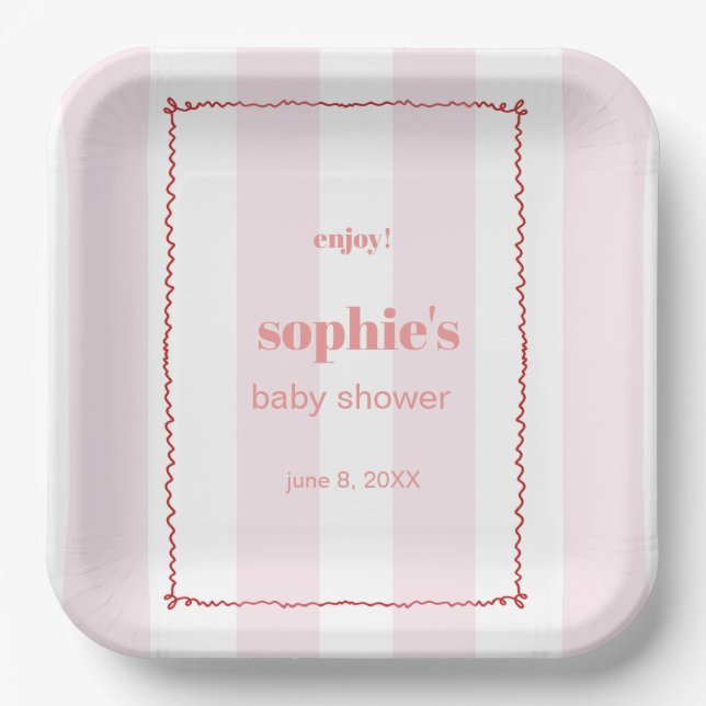 Brunch & Bubbly Red And Pink Retro Wavy  Paper Plate (Front)