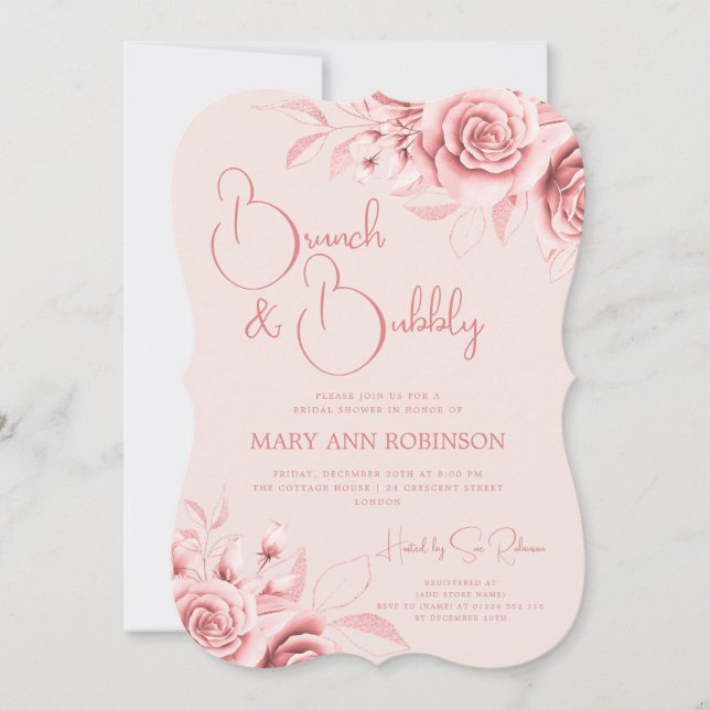 BRUNCH BUBBLY Rose Gold Floral Bridal Shower Blush Invitation (Front)