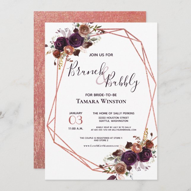 Brunch & Bubbly Rose Gold Purple Geometric Shower Invitation (Front/Back)
