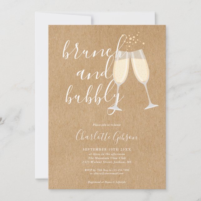 Brunch Bubbly Script Bridal Shower Rustic Kraft Invitation (Front)