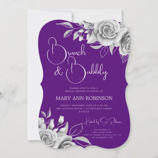 BRUNCH & BUBBLY Silver Floral Bridal Shower Purple Invitation (Front)