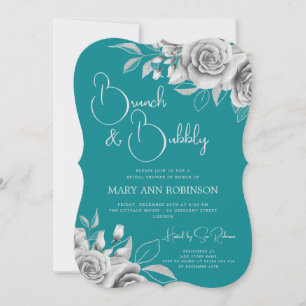 BRUNCH & BUBBLY Silver Floral Bridal Shower Teal  Invitation