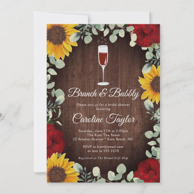 Brunch Bubbly Sunflowers Roses Wine Bridal Shower Invitation (Front)