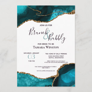 Brunch Bubbly Teal Gold Glitter Agate Shower Invitation